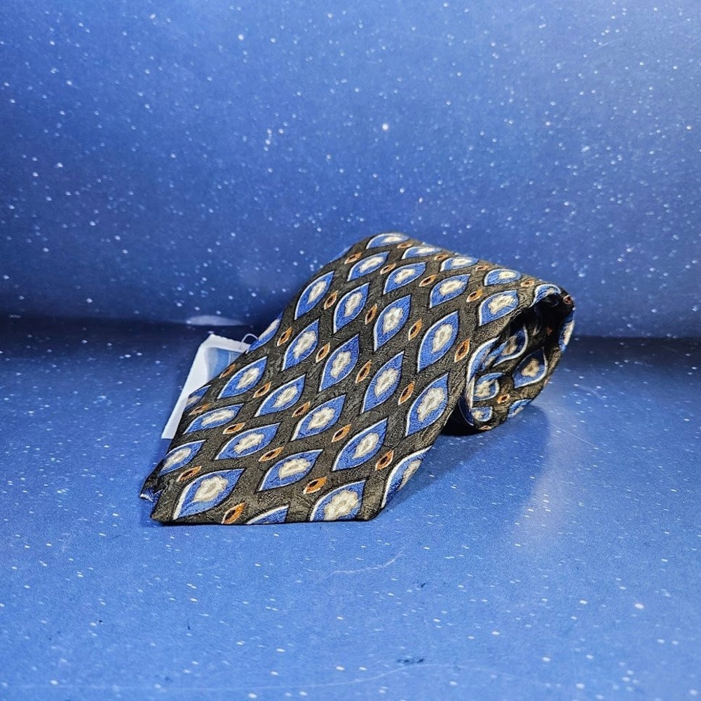 Lands' End Necktie Mens OS Olive Blue Geometric 100% Silk USA Made NWT